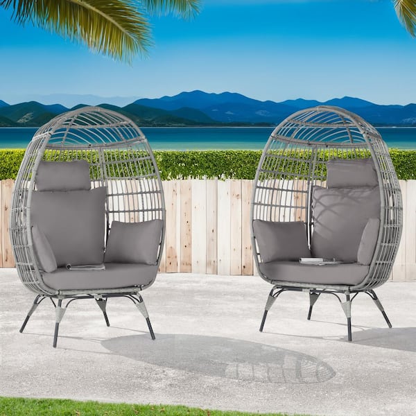 BFB 2 -Pieces Outdoor Oversized Gray Rattan Egg Chair Indoor Outdoor Chair