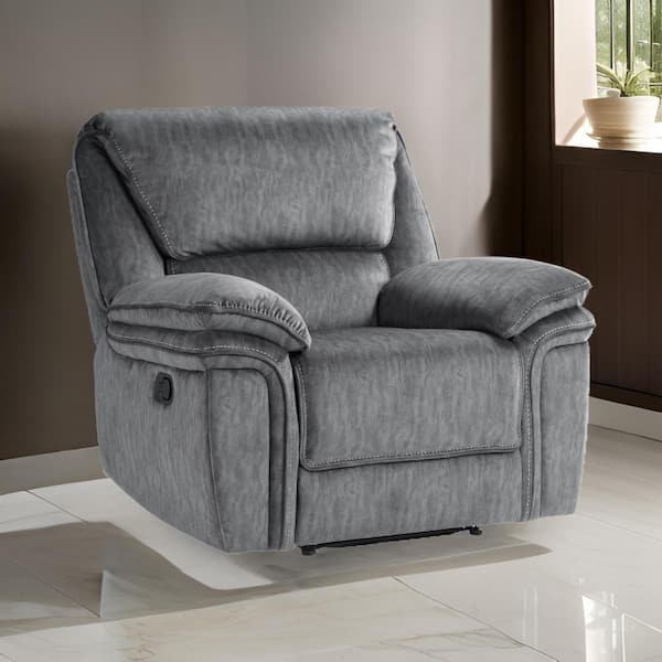 Benjara Gray Microfiber Manual Recliner with Tufted Back and Solid Wood