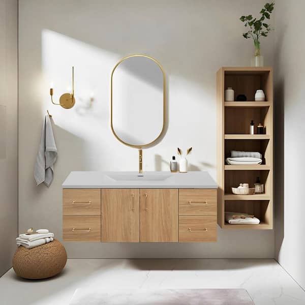 MinimalGrace 48 in. Single Sink Floating Oak Bath Vanity with White Resin Top