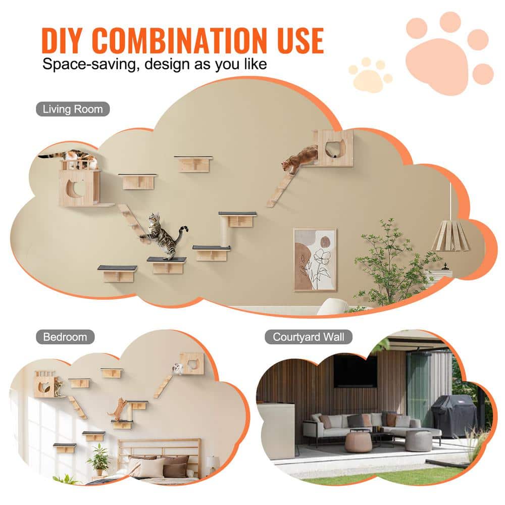 Natural Pine Wood Wall Mounted Cat Shelves Set