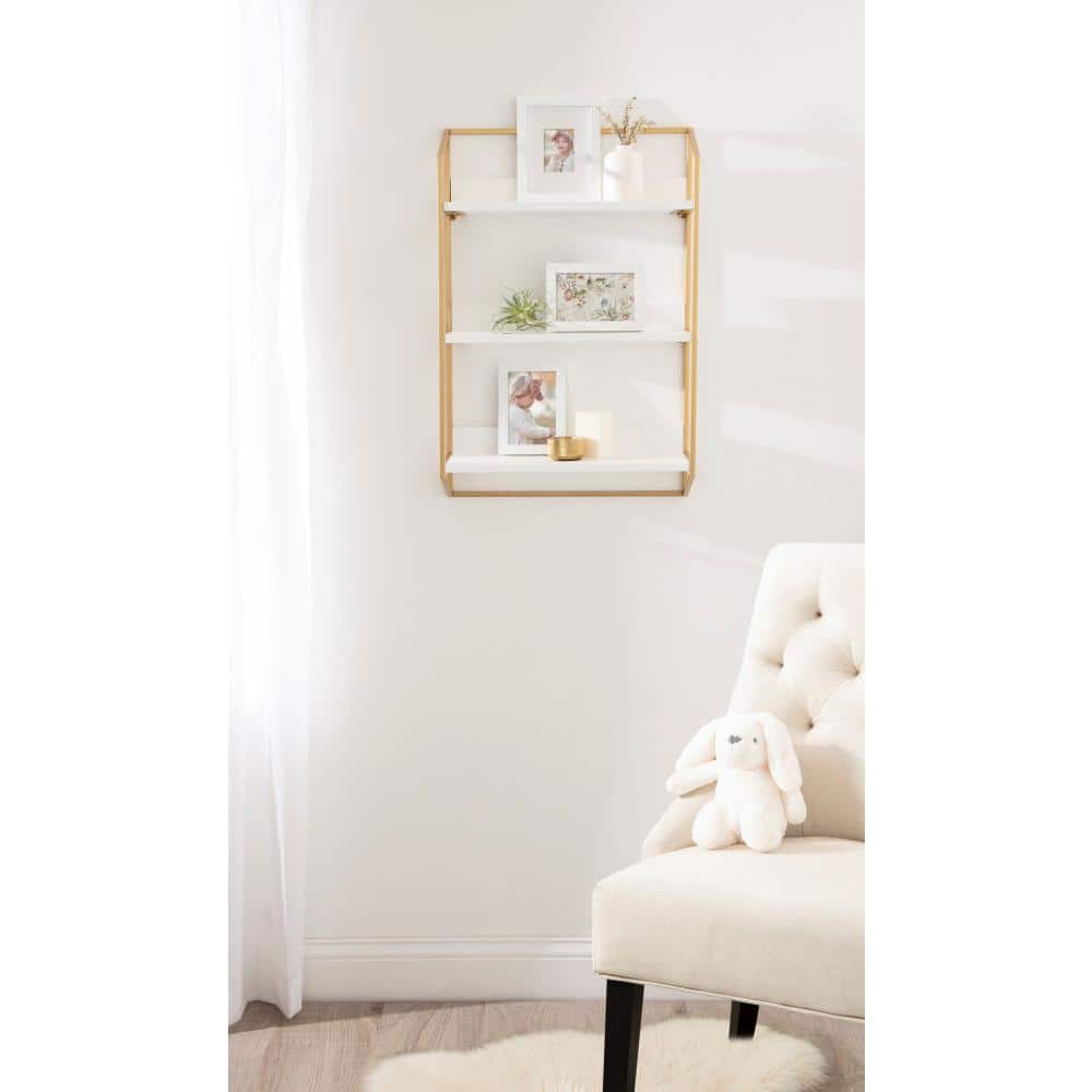 Elegant White and Gold 3-Tier Floating Wooden Wall Shelf