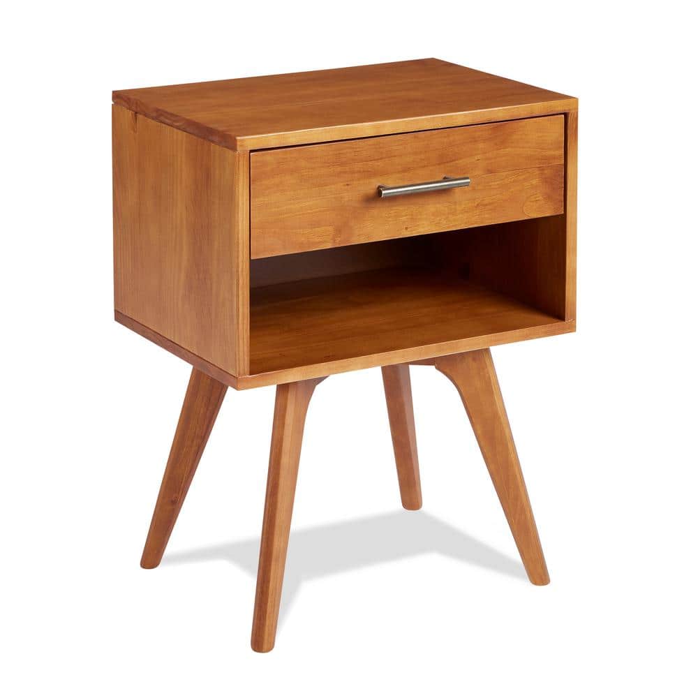 Mid Century Modern Solid Wood Nightstand with Drawer in Castanho Finish