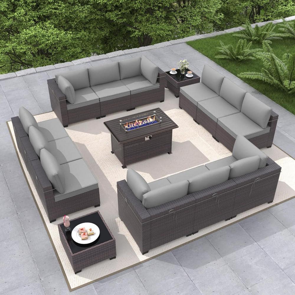 15 Pieces Wicker Patio Conversation Set with Glass Coffee Table, Fire Pit Table and Gray Cushions price history on PriceWatchPro