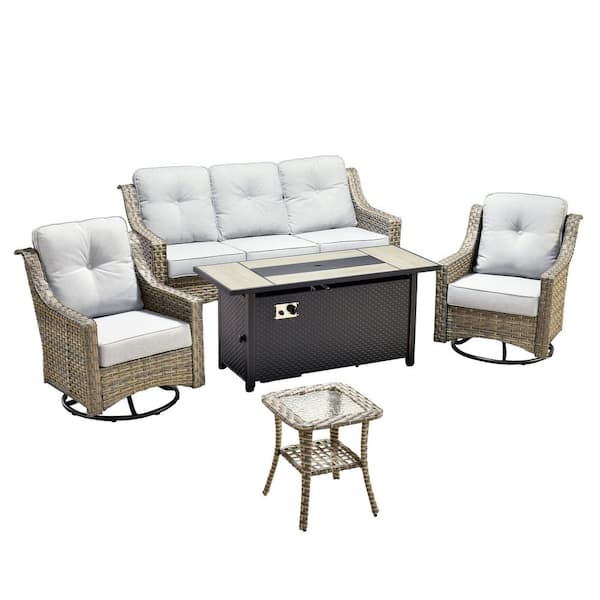 Cherry 5-Piece Wicker Outdoor Fire Pit Furniture Patio Conversation Sofa Set with Swivel Chairs and Light Grey Cushions