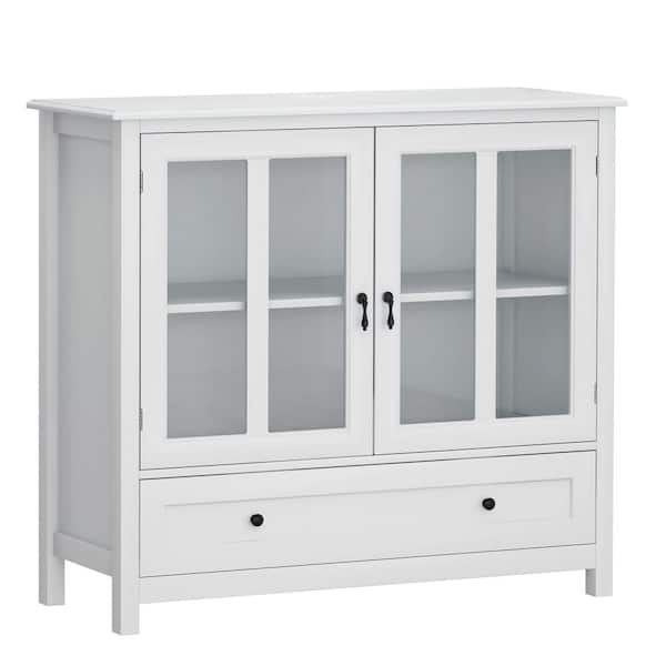 Unbranded White Wood 41.34 in. Buffet Storage Cabinet with Single Glass Doors and Unique Bell Handle