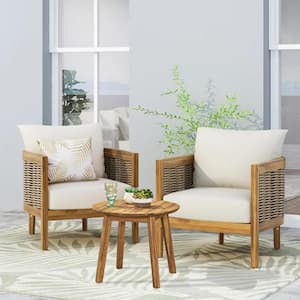 Eloria 3-Piece Outdoor Patio Chat Set with Cushions, Acacia Wood, Brown + Beige