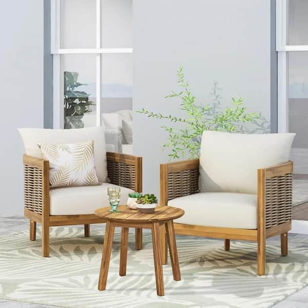 CHRISTOPHER KNIGHT HOME Eloria 3-Piece Outdoor Patio Chat Set with Cushions, Acacia Wood, Brown + Beige