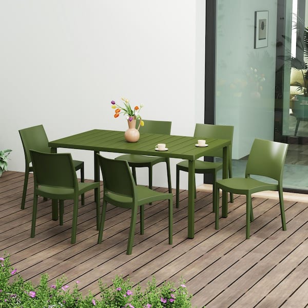 Frond, Form Outdoor Patio Modern 7-Piece Rectangular Steel Table, 6 Stackable HDPE Plastic Chairs Dining Set Olive Green