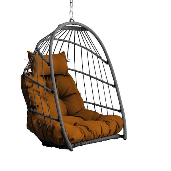 28.34 in. 1-Person Gray Wicker Metal Patio Swing Outdoor Egg Hanging Chair with Brown Cushions