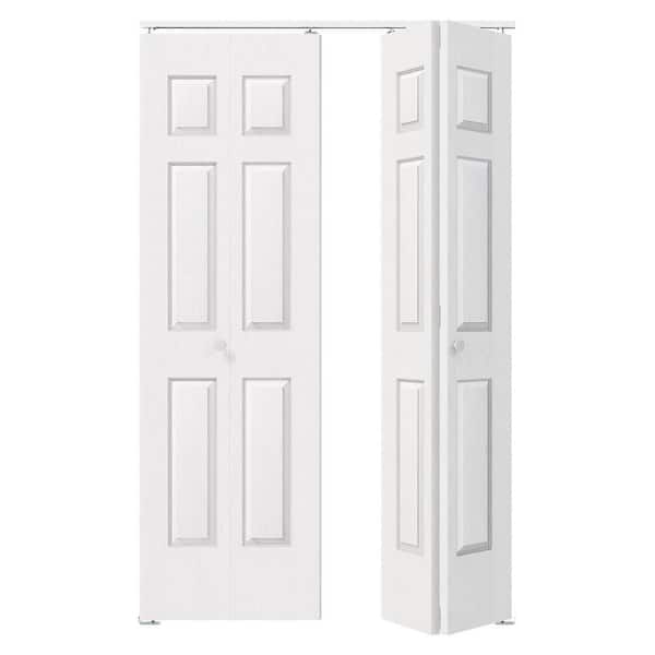 48 in. x 80 in. 6-Panel Textured MDF White Hollow Core Composite DIY Painted Bi-Fold Door with Hardware Kits
