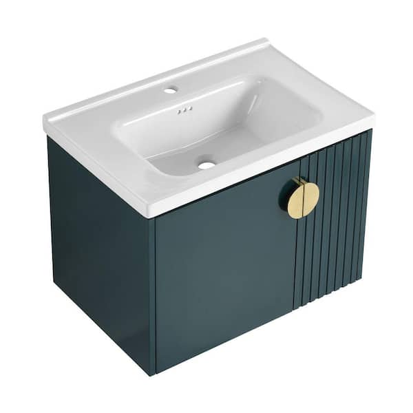 Yunus 27 in. W x 18 in. D x 20 in. H Single Sink Floating Bath Vanity in Green with White Ceramic Top