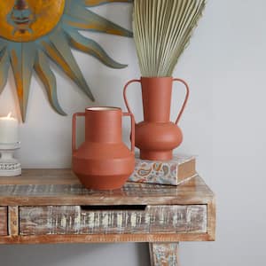 11 in., 10 in. Orange Metal Decorative Vase with Handles (Set of 2)