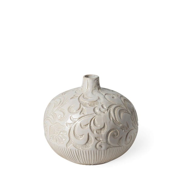 Mercana Jadiza II White Glaze Floral Pattern Ceramic Vase