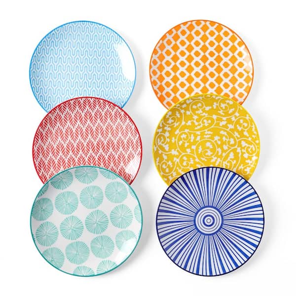 6-Inch Ceramic Dessert Plates with Flower and Geometric Pattern, Set of 6 for Snacks, Appetizers and Sides