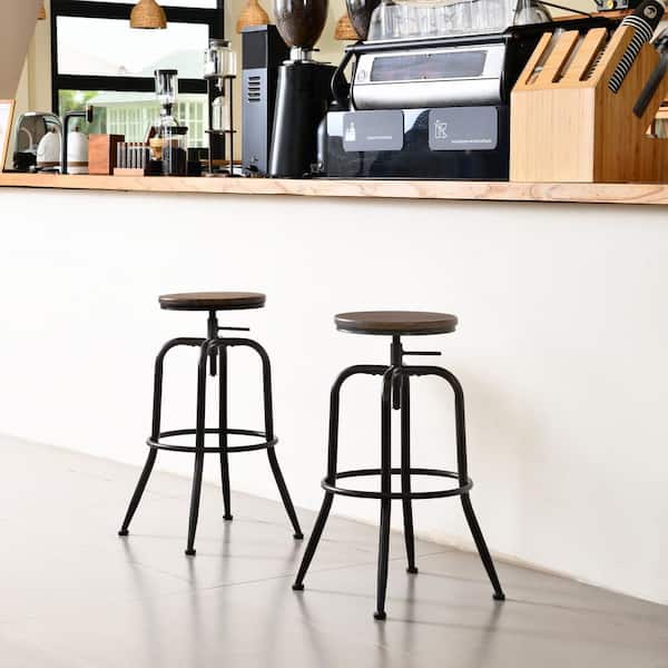 Homy Casa AMA 30 in. Walnut Wood Grain Backless Metal Frame Adjustable Height Bar Stool (Set of 2)