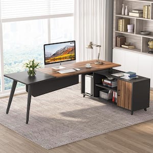 Lanita 79 in. L-Shaped Brown Wood Computer Desk with File Cabinet, Large Executive Office Desk with Shelves, Business