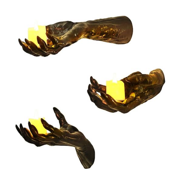 Halloween Wall Mounted Gothic Wall Art with Creepy Reaching Hands and Lighted Candles for Indoor Decor (3-Pack)