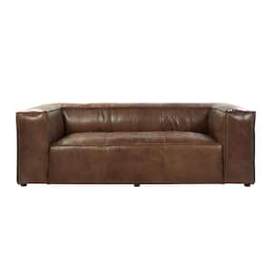 Amelia 98 in. Square Arm Leather Rectangle Nailhead Trim Sofa in Brown