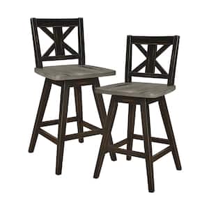 Fenton 23 in. Distressed Gray and Black Wood Swivel Counter Height Chair (X-Back) with Wood Seat (Set of 2)