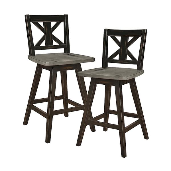 Lazzara Fenton 23 in. Distressed Gray and Black Wood Swivel Counter Height Chair (X-Back) with Wood Seat (Set of 2)