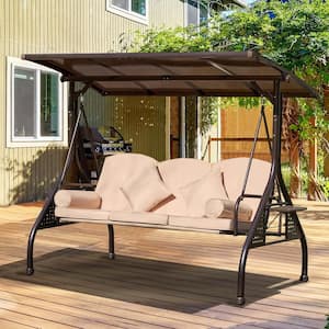 3-Person Metal Round Pipe Patio Swing with Adjustable Canopy and Beige Cushions Support 750 lbs.