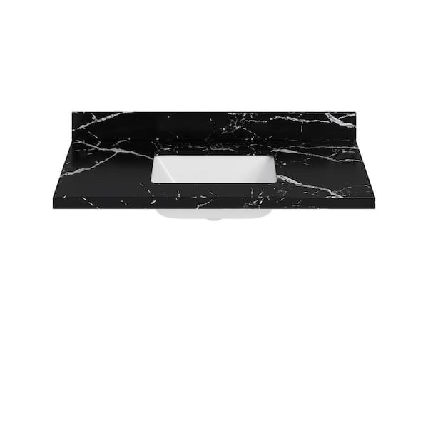 42 in. W x 22 in. D Nero Black Quartz Bathroom Vanity Top w/ 1.5 in. Thick Milter Edge Rectangular Single Sink in White