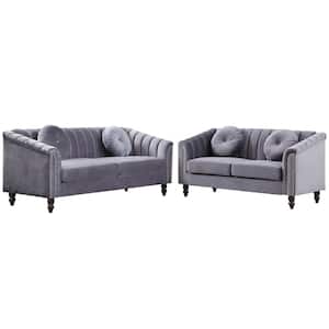 StarHomeLiving 75 in. W Roud Arm 2-Piece Velvet Rectangular Sectional Sofa in Gray