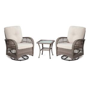 3-Piece Wicker Outdoor Rocking Chair Patio Conversation Set Swivel Chairs with Beige Cushions and Side Table