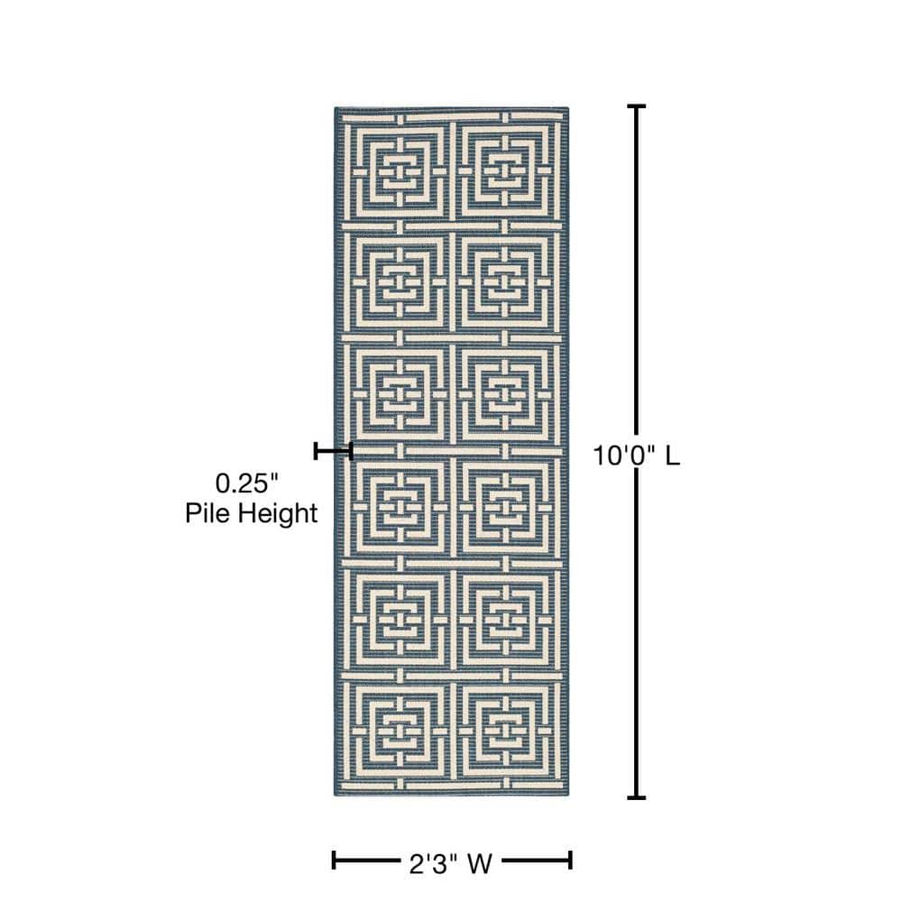 Navy and Beige Geometric Synthetic Indoor/Outdoor Runner Rug