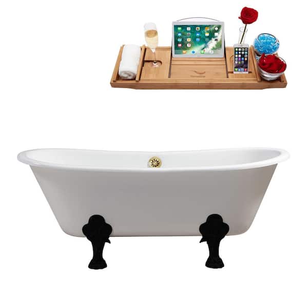 67 in. x 28 in. Cast Iron Clawfoot Soaking Bathtub in Glossy White with Matte Black Clawfeet and Polished Gold Drain