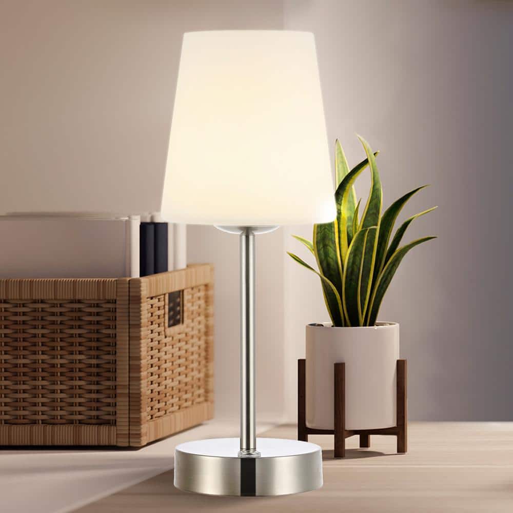 Nickel Cordless Rechargeable LED Table Lamp with Frosted Glass Shade