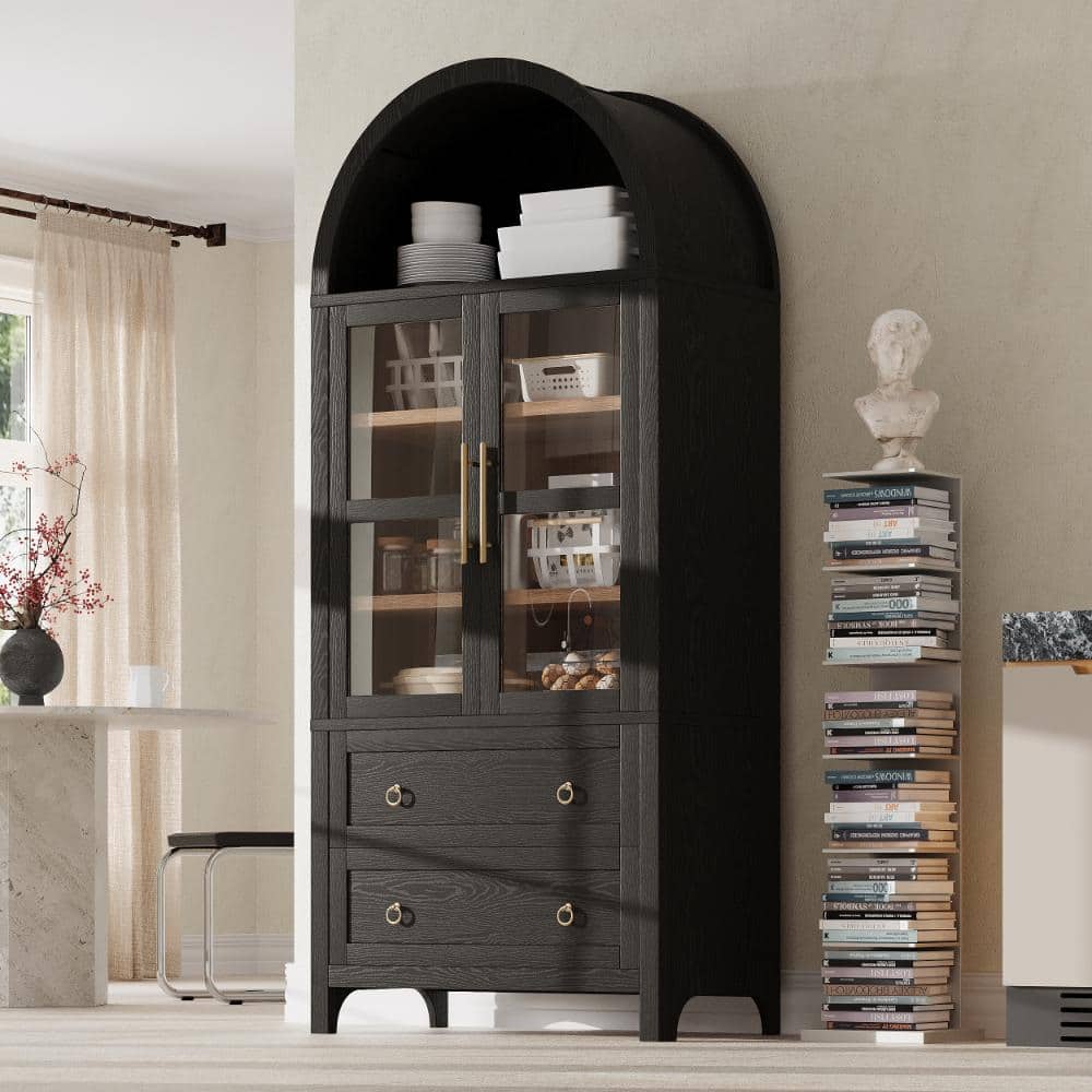 K&K 71" Arched Kitchen Pantry with Large Drawers & Glass Door, Black