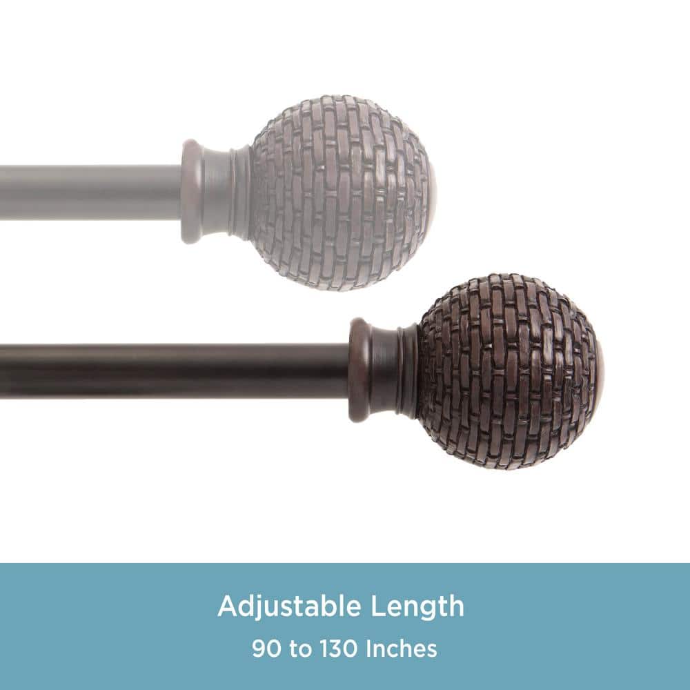 Weathered Brown Steel Adjustable Curtain Rod with Woven Ball Finials