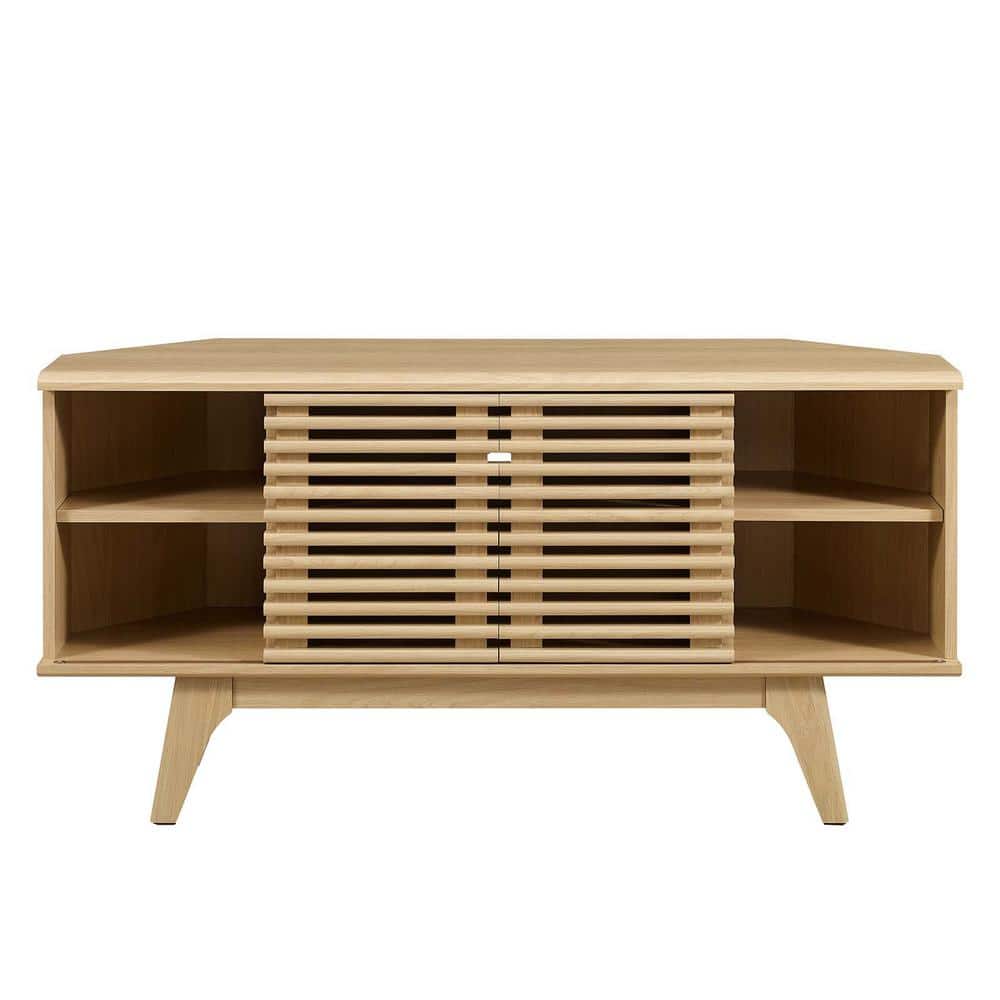 Oak Mid-Century Modern Corner TV Stand with Cabinet