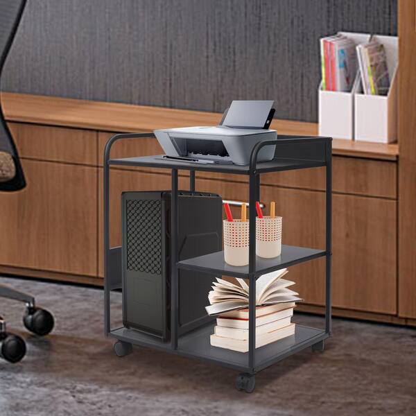 YIYIBYUS 3-Shelf Iron Frame Wood 4-Wheeled Under Desk Printer