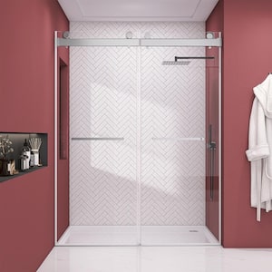 72 in. W x 79 in. H Frameless Anti-Jumping Double Sliding Glass Shower Door in Brushed Nickel 3/8 in. Tempered Glass