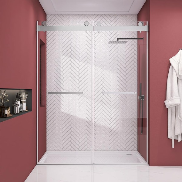 72 in. W x 79 in. H Double Sliding Frameless Shower Door in Brushed Nickel 3/8 in. Tempered Glass Anti-Jumping