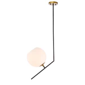 Timeless Home 16.2 in. 1-Light Black And Brass And Frosted White Glass Pendant Light, Bulbs Not Included