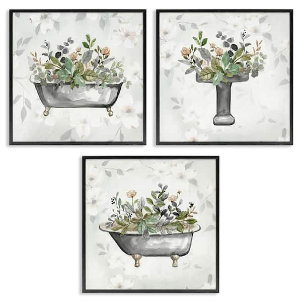 Grey Bathroom Florals by Nan 3-Piece Black Framed Nature Giclee Art Print 17 in. x 17 in.