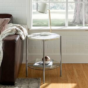 20 in. White Marble Top Glass Shelf Chrome Legs Round Side Table
