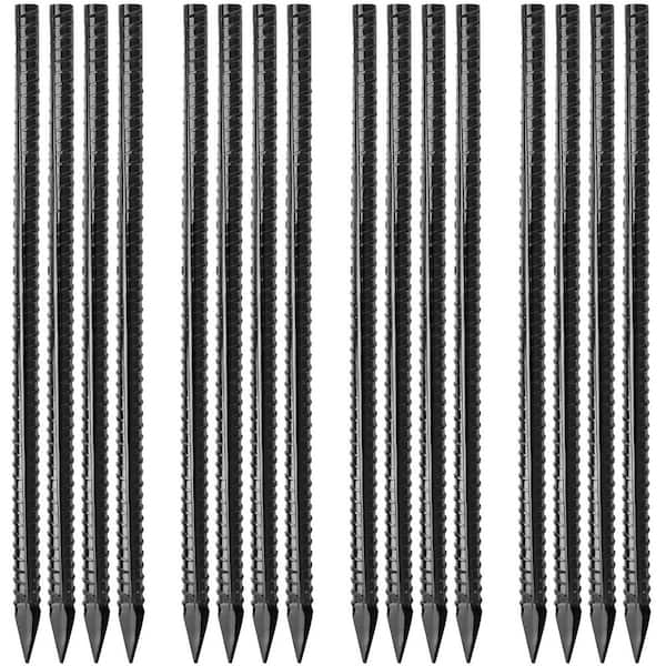 16 in. Black Heavy Duty Metal Spikes Ground Rebar Stakes, Long Straight Steel Stakes for Concrete and Timber (16-Pack)