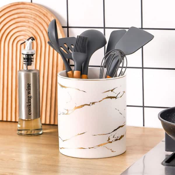 7.2 in. Marble-White Large Utensil Holder, Marble Utensil Crock Spatula Holder for Countertop Cooking Tools Storage
