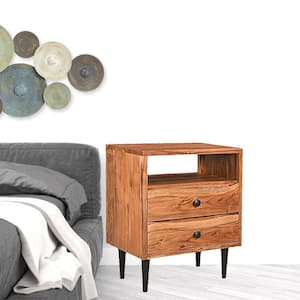 28 in. Brown Two Drawer Solid Wood Nightstand