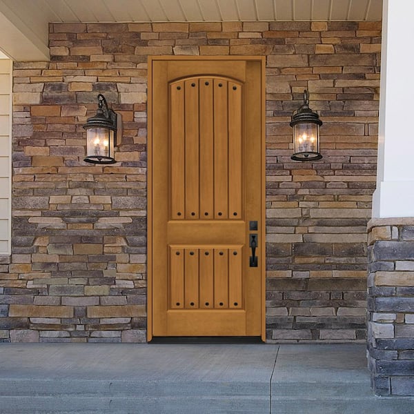 Regency 36 in. x 96 in. 2-Panel Plank RHIS Autumn Wheat Stain Fiberglass Prehung Front Door with Clavos