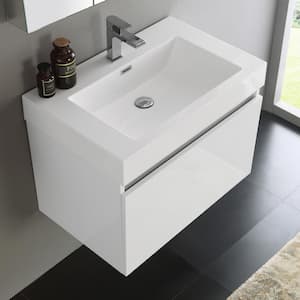 Mezzo 30 in. Vanity in White with Acrylic Vanity Top in White with White Basin and Mirrored Medicine Cabinet
