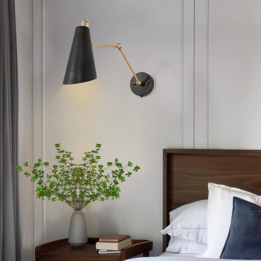 Zevni Black DIY Swing Arm Wall Lamp, 1-Light Modern Gold Wall