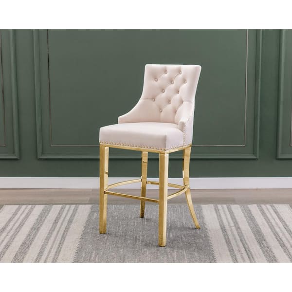 Best Quality Furniture Jennifer 24 in. H Cream Velvet Upholstered Full Back Counter Height with Gold Stainless Steel Legs (Set of 2)
