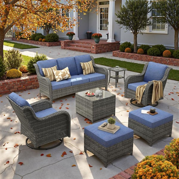 Clario 7-Piece Wicker Patio Seating Conversation Set with Denim Blue Cushion and 360° Rocking Swivel Chair for Backyard