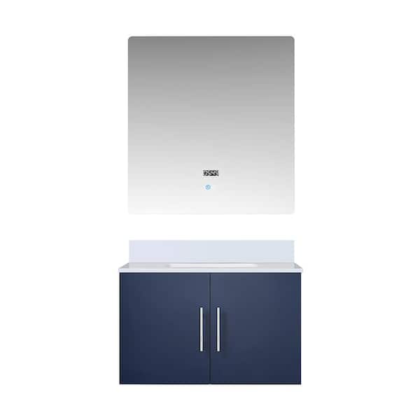 Geneva 30 in. W x 22 in. D Navy Blue Bath Vanity, White Quartz Top, and 30 in. LED Mirror