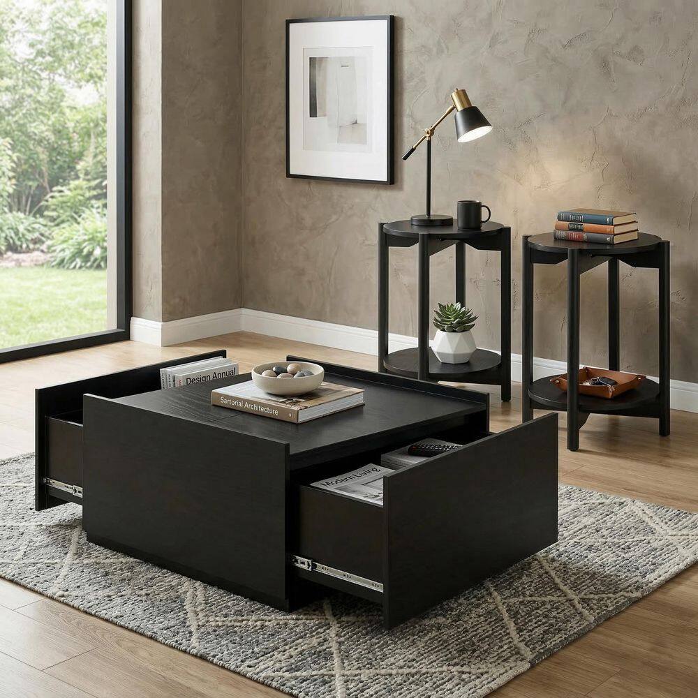 Elix 3-Piece 31.5 in. Black Square Wood Coffee Table Set with 2 End Tables and Storage Drawers